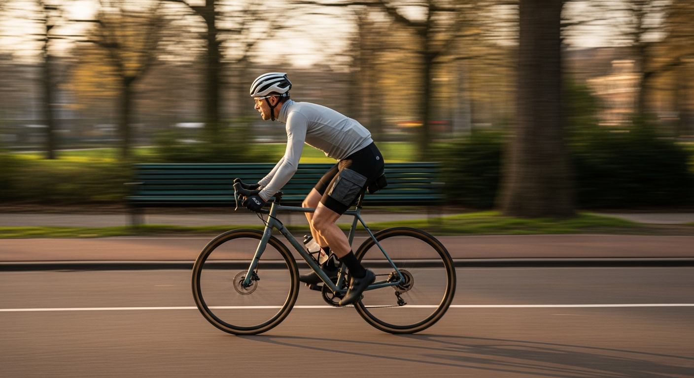 Wielrenner in merino trui fietst door Vondelpark Amsterdam tijdens gouden ochtendlicht, sportfotografie met motion blur